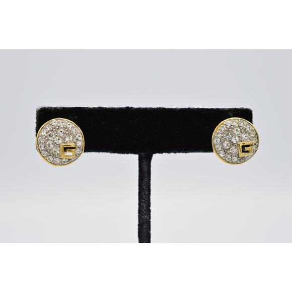 Givenchy Vintage Clip On Earrings Rhinestone Crystal G Logo Signed 1980s BinW - Picture 1 of 9